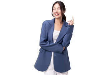 Portrait of happy young business woman posing isolated on transparent background, PNG file format.