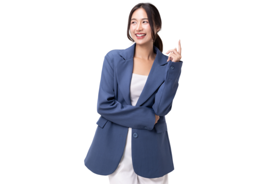 Portrait of happy young business woman posing isolated on transparent background, PNG file format.