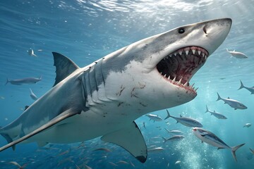 Fototapeta premium Great white shark underwater with school of fish