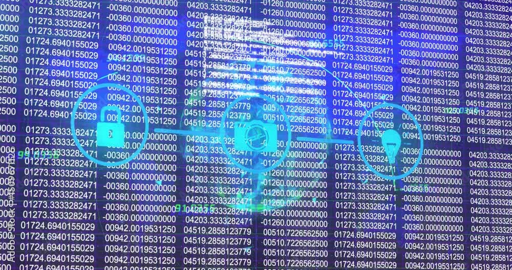 Poster on start padlock and arrows icons appearing, pin joining line as code scrolling for secure transfer
