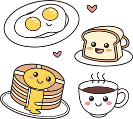 Cute Kawaii Breakfast Food Set Vector – Pancakes, Toast, Coffee and Eggs Illustration