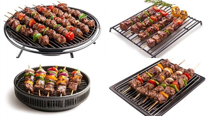 Four close-up shots showcasing grilled beef and vegetable skewers on various grills, some round and others rectangular, against a stark white background; 