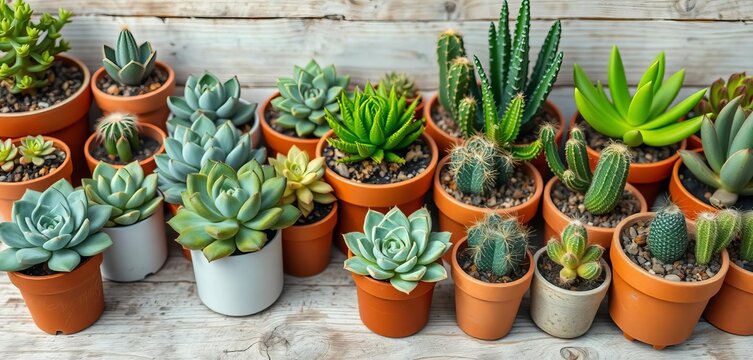 Charming collection of potted succulents and cacti in various shapes and sizes, displayed on a rustic wooden surface, succulents,  wood