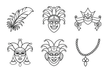 Black and White Carnival Masks and Musical Instruments Line Art Set