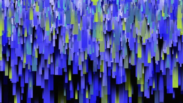 A digital rain of blue, green, and yellow rectangles pouring down like a frozen data storm. abstract