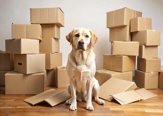 Fototapeta premium Labrador retriever surrounded by moving boxes