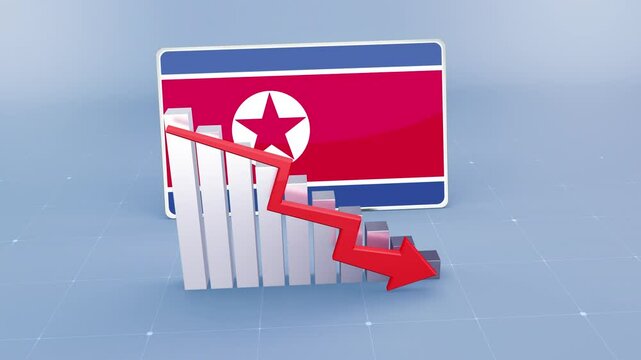 North Korea Country Flag and Bar Chart Graph Showing Decreasing Values a Red Arrow Economic Crisis Concept