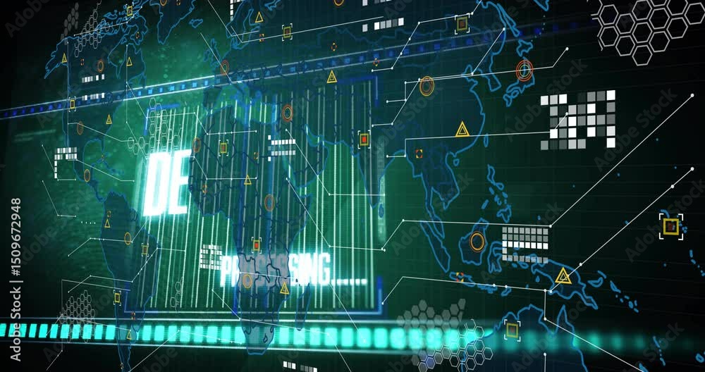 Poster scanning reticle sweeping screen then revealing glowing map as ui icons animating file deletion