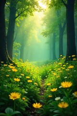 Fototapeta premium Enchanted fairy realm, delicate yellow wildflowers bloom in a mystical forest bathed in soft sunlight, creating an ethereal, magical scene , fairytale, magical