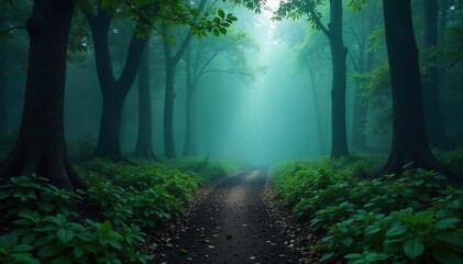 Fototapeta premium A faint, ethereal trail winds through a misty forest, disappearing into the dense foliage The path is barely visible, suggesting a mystical, otherworldly presence , otherworldly, path, mystical