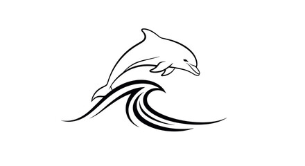Fototapeta premium Dolphin Leaping Over a Wave Simplistic Black and White Line Art Illustration