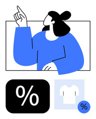 Woman gesturing upward highlighting a percentage symbol and apparel. Ideal for sales, e-commerce, clothing offers, promotion, advertising, marketing, shopping concepts. Flat simple metaphor