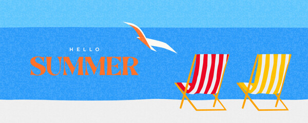 Abstract minimal summer horizontal poster, cover, banner, card with bright sea, blue sky and striped beach chairs. Summer holidays, journey, vacation travel illustration. Promo ads design template
