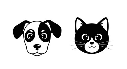 Fototapeta premium Black and White Illustrations of a Friendly Dog and Cat Faces with Expressive Eyes and Whimsical Features
