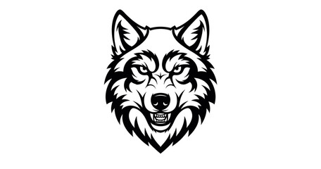 Fototapeta premium Menacing Wolf Head Black and White Vector Illustration of Snarling Aggressive Animal with Sharp Teeth on White Background