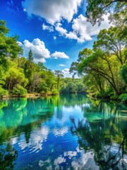Fototapeta premium Serene lagoon surrounded by lush greenery and tall trees