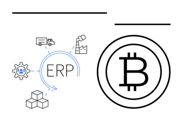 ERP flow connects logistics, manufacturing, team, and inventory. Bitcoin indicates blockchain integration. Ideal for supply chain, industry automation, digital transformation, efficiency financial