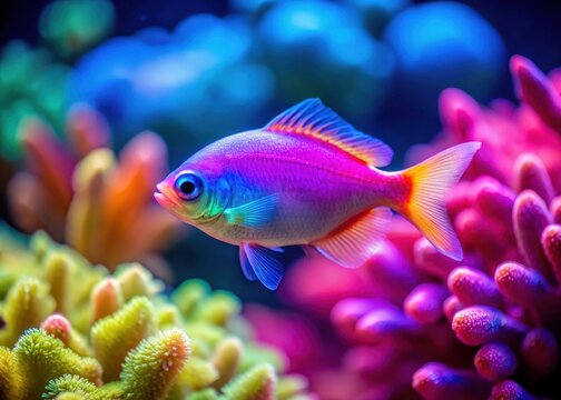 A small glofish swims near a colorful coral reef in the ocean