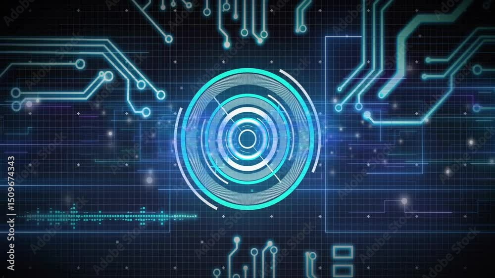Poster opening dark grid ui, circular hud pulsing rings, illuminating circuits, displaying code, looping