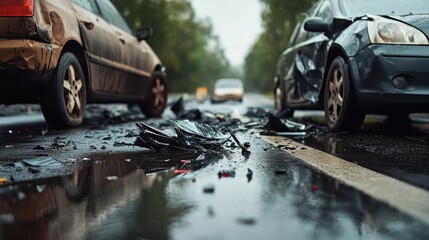 Car Accident Scene with Debris on Rainy Roadside Environment
