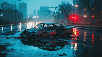 Abandoned Car on a Rainy Street with Neon Reflections at Night