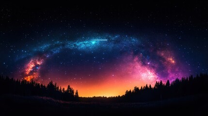Vibrant Night Sky Over Forest with Stars and Colorful Galaxy