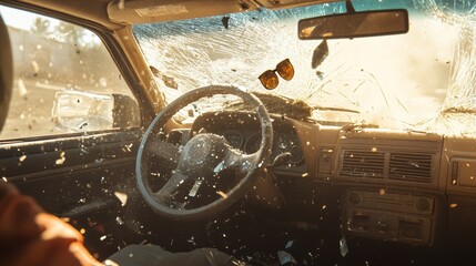 Dramatic Car Crash Scene with Broken Glass and Flying Sunglasses