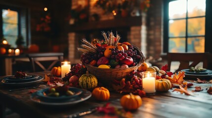 Autumn Harvest Centerpiece with Fruits, Vegetables, and Candles