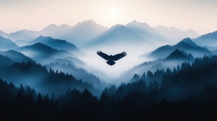 Majestic Eagle Soaring Above Misty Mountains at Sunrise