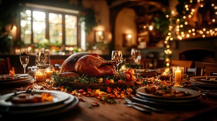 Festive Thanksgiving Dinner with Roast Turkey and Fall Decorations