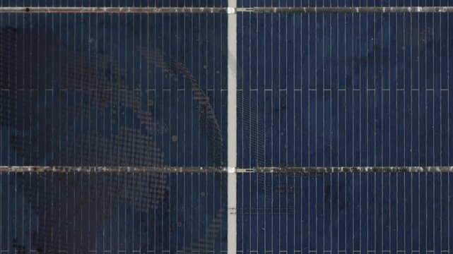 Drone-mounted camera hovering above solar panel with busbar moving forward showing wire reflections