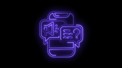 Neon smartphone messages with megaphone and question mark symbol glowing on dark background - Powered by Adobe