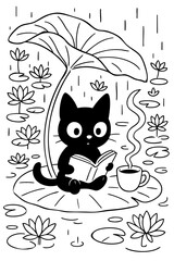 Cat Reading in Rain doodle line art © Fadil Rambey