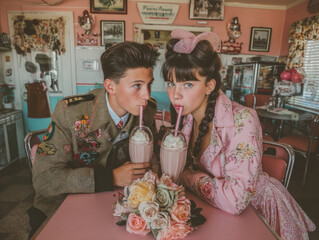 Pair of people sharing a milkshake at a diner