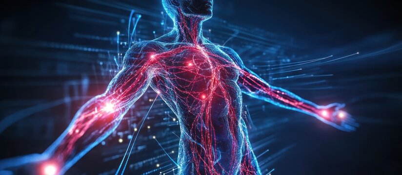 Human anatomical illustration depicting nerves and circulatory blood pathways
