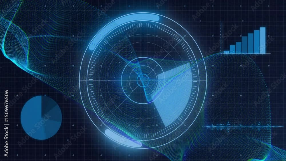 Poster at startup radar interface sweeping scan wedge through waveform while charts rising for monitoring