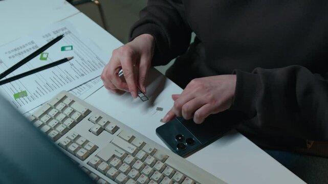 Top view medium closeup of hands of unrecognizable female scam call center employee sitting at desk with computer, taking out sim card from smartphone and swapping it for another for fraud