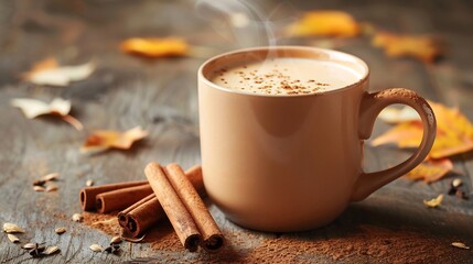 Cozy autumn setting with a steaming mug of spiced chai latte cinnamon sticks and falling leaves in the background