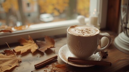 Cozy autumn setting with a steaming mug of spiced chai latte cinnamon sticks and falling leaves in the background