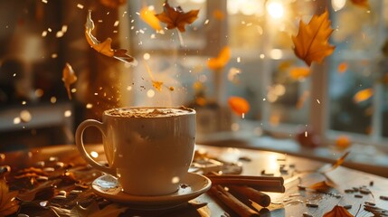 Cozy autumn setting with a steaming mug of spiced chai latte cinnamon sticks and falling leaves in the background