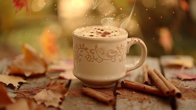 Cozy autumn setting with a steaming mug of spiced chai latte cinnamon sticks and falling leaves in the background