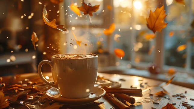 Cozy autumn setting with a steaming mug of spiced chai latte cinnamon sticks and falling leaves in the background
