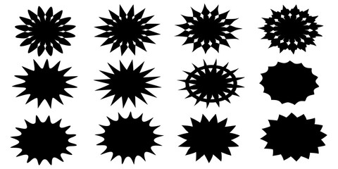 Diverse collection of black starburst and sunburst silhouettes isolated on white background