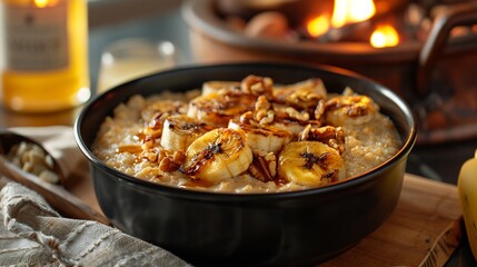 Cozy breakfast scene featuring a bowl of creamy oatmeal topped with caramelized bananas and crushed walnuts