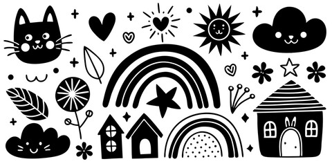 Obraz premium Playful black and white vector illustrations of cute cartoon characters and decorative elements