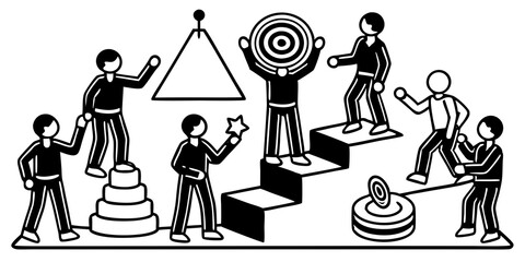 Teamwork and goals represented by stick figures aiming for targets and climbing stairs