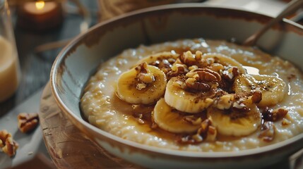 Cozy breakfast scene featuring a bowl of creamy oatmeal topped with caramelized bananas and crushed walnuts