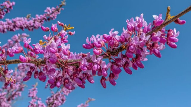 Vibrant pink blossoms cascade from a tree branch against a bright azure sky