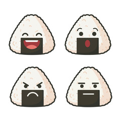 Cute onigiri japanese food characters showing various emotions: happy, surprised, angry, and neutral, each with expressive faces and seaweed wraps on a white background.
