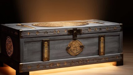 Ornate Gray Wooden Chest with Gold Accents on Dark Background